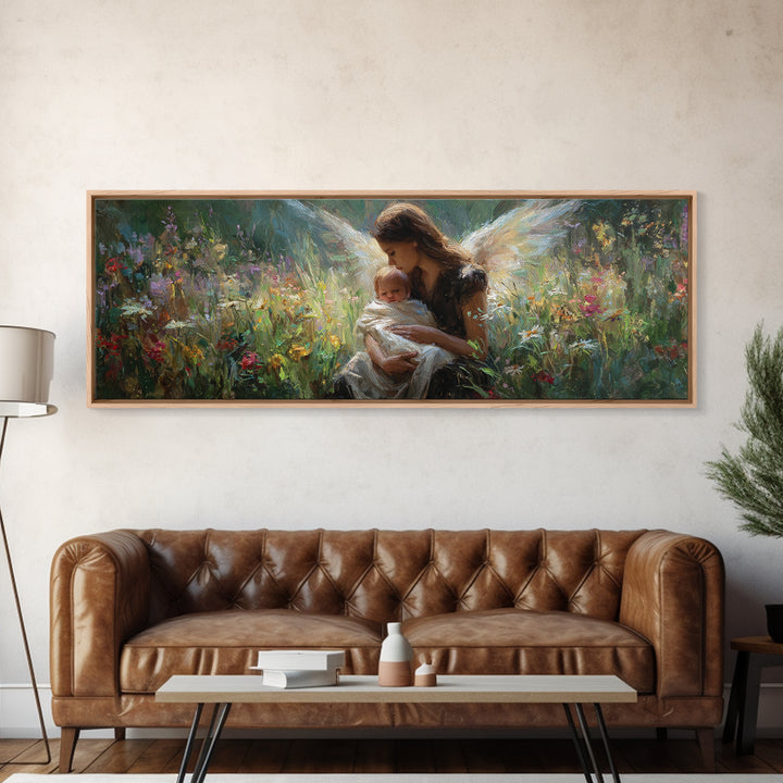 Guardian Angel Cradling Infant In Wildflower Meadow Wall Art, Celestial Canvas Print, Spiritual Nursery Decor, New Baby Gift