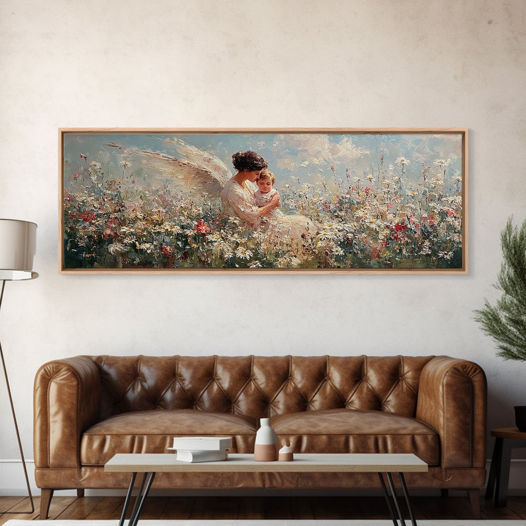 Angel Mother With Toddler In Daisy Meadow Wall Art, Panoramic Framed Canvas Print, Celestial Nursery Decor, Gift For Mom