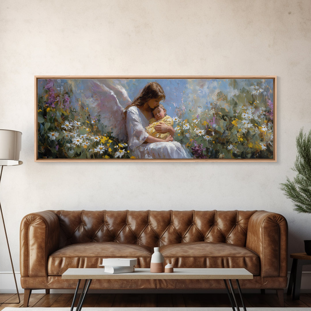 Serene Mother And Baby In Wildflower Meadow Framed Canvas Print, Angel Nursery Art, Christian Wall Art, Gift For Mom, Home Decor