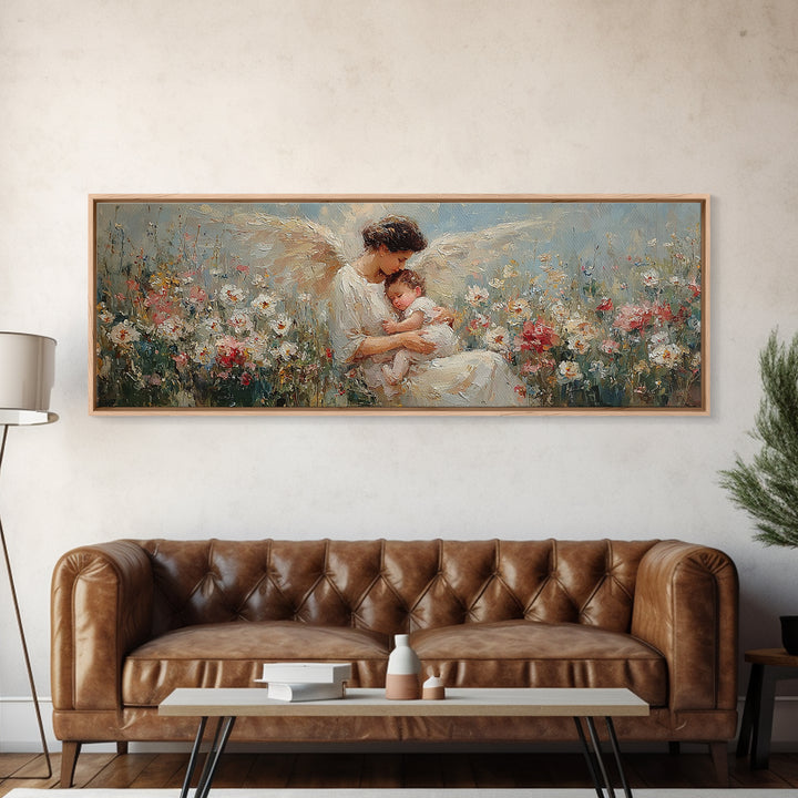Tender Angel Mother Holding Baby In Flower Meadow Canvas Print, Christian Nursery Art, Mother's Day Gift, Peaceful Wall Art