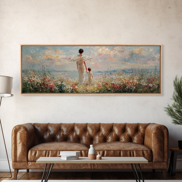 Angel Mother And Child Beside Ocean Meadow Large Wall Art, Coastal Christian Decor, Nursery Canvas Art, Housewarming Gift