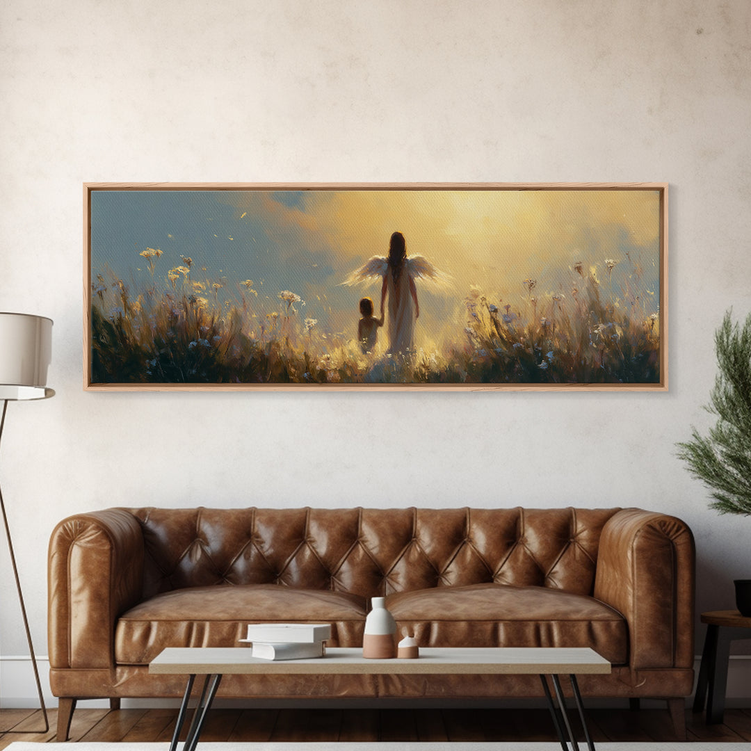 Golden Guardian Angel Walking With Child Through Meadow Canvas Print, Spiritual Wall Art, Nursery Decor, Gift For Mom, Home Decor