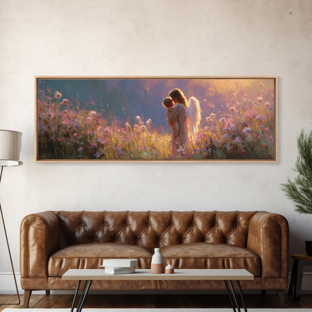 Glowing Angel Mother Cradling Child In Wildflower Meadow Framed Canvas Print, Christian Wall Art, Nursery Decor, Gift For Her