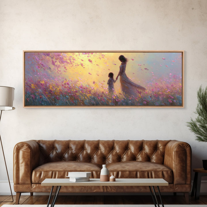 Mother And Child Walking Through Pink Petal Meadow Canvas Print, Feminine Wall Art, Nursery Decor, Gift For Her, Home Decor