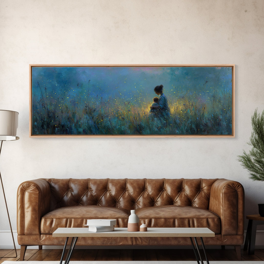 Twilight Mother Holding Baby Among Fireflies Canvas Print, Blue Nursery Wall Art, Calming Cozy Bedroom Decor, Gift For Mom