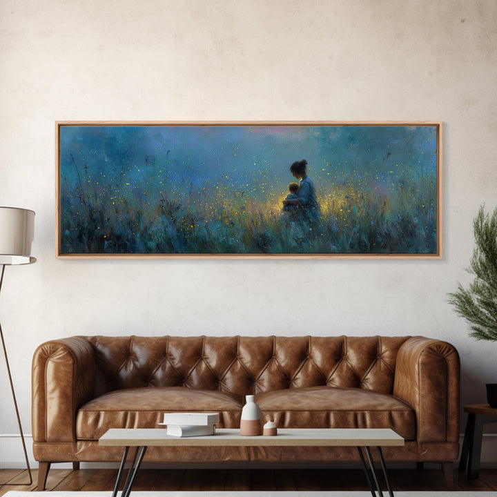 Twilight Mother Holding Baby Among Fireflies Canvas Print, Blue Nursery Wall Art, Calming Cozy Bedroom Decor, Gift For Mom