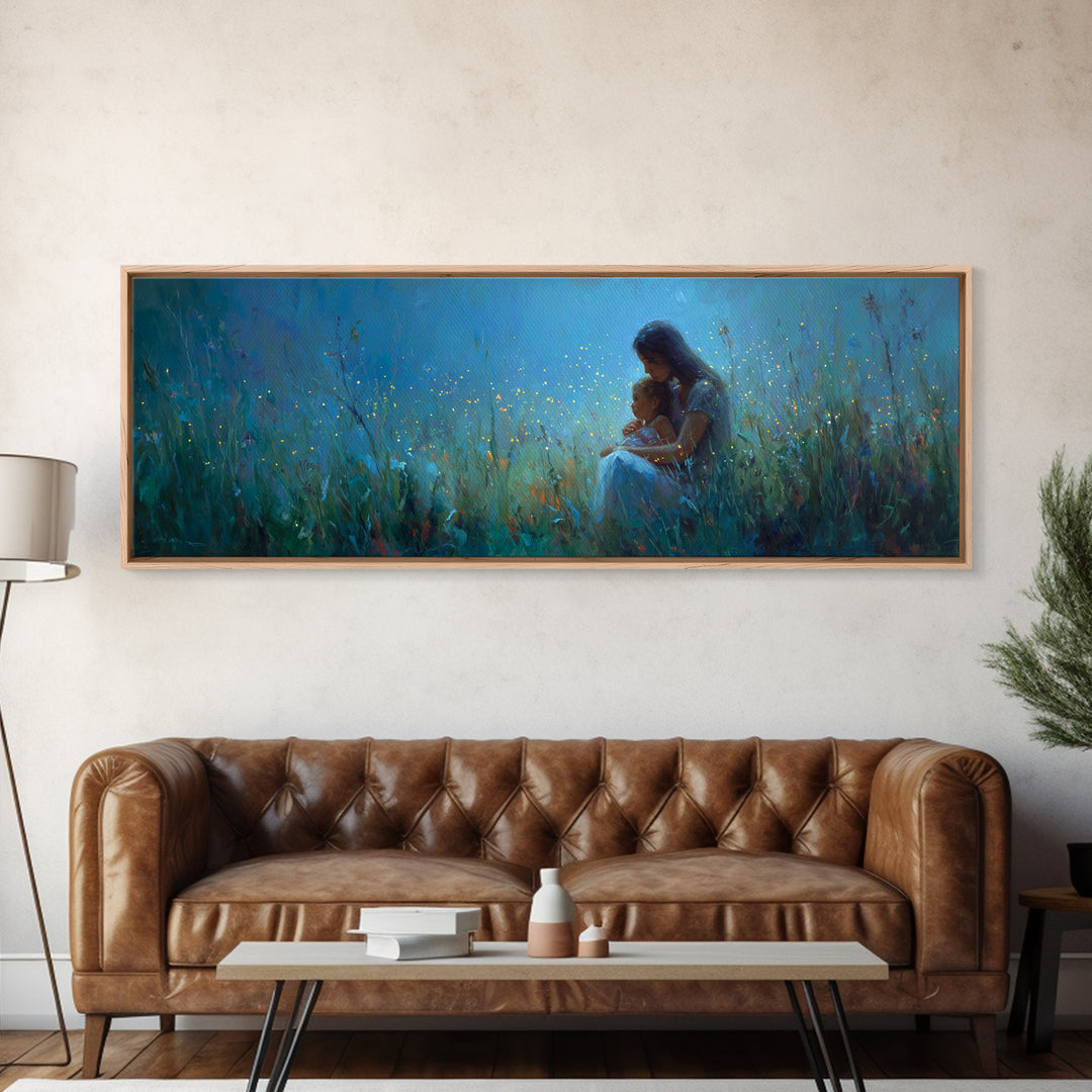 Moonlit Mother And Child Sitting In Blue Meadow Framed Canvas Print, Celestial Wall Art, Nursery Decor, Gift For Mom, Home Decor