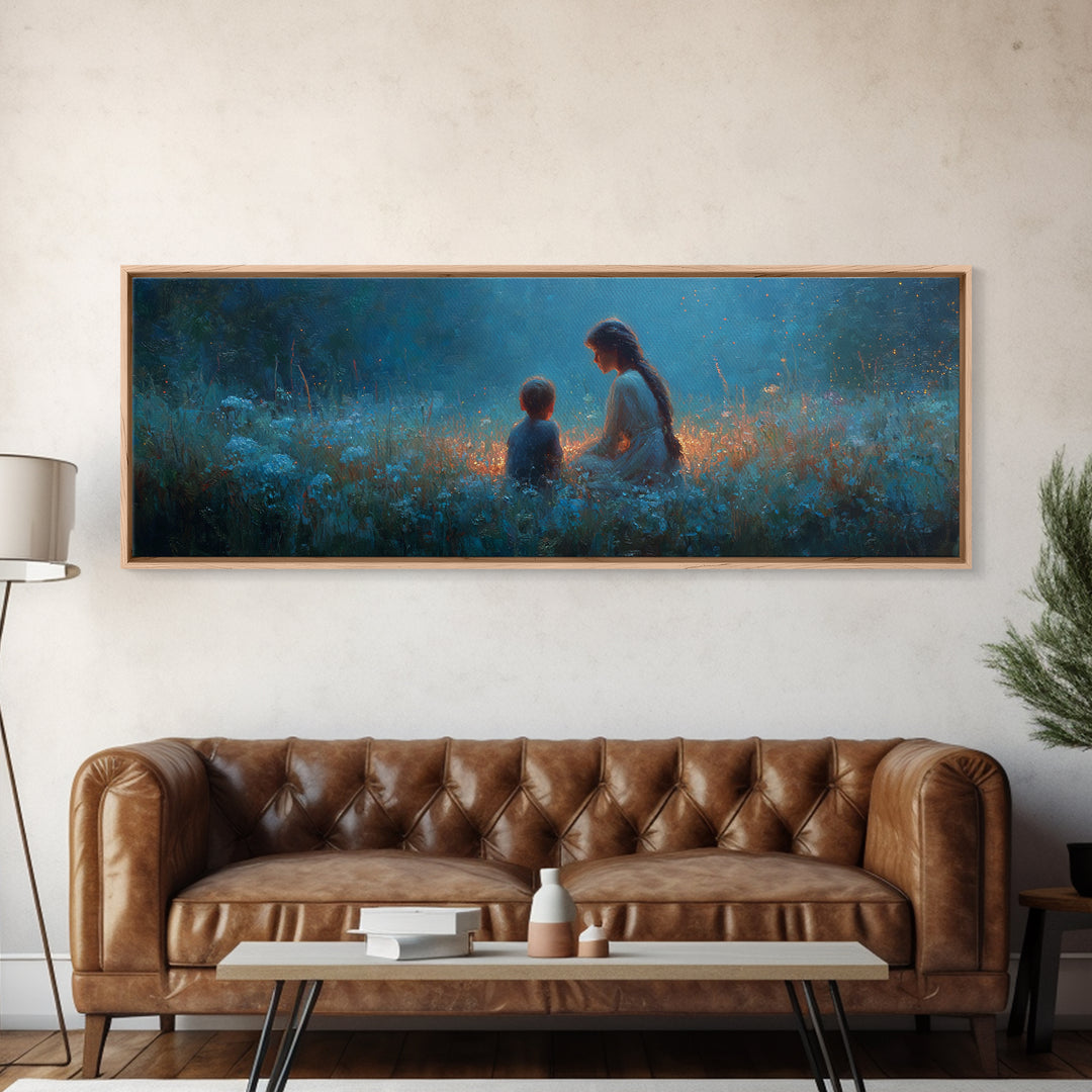 Blue Twilight Mother And Child In Wildflower Meadow Large Wall Art, Serene Nursery Decor, Christian Gift For Mom, Home Decor