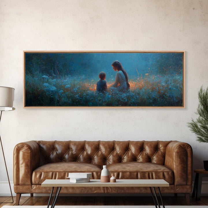 Blue Twilight Mother And Child In Wildflower Meadow Large Wall Art, Serene Nursery Decor, Christian Gift For Mom, Home Decor