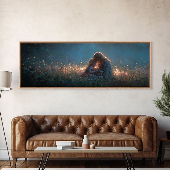 Twilight Mother And Child Wildflower Meadow Wall Art, Panoramic Canvas Print, Nursery Decor, Gift For Her, Above Bed Art