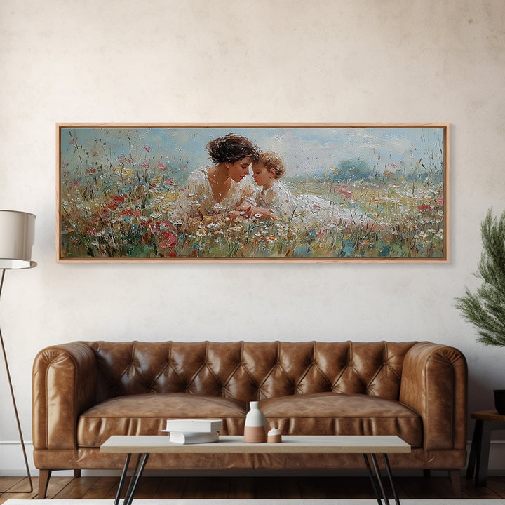 Mother And Baby In Blooming Garden Framed Canvas Print, Floral Wall Art, Nursery Decor, Gift For Mom, Living Room Wall Art