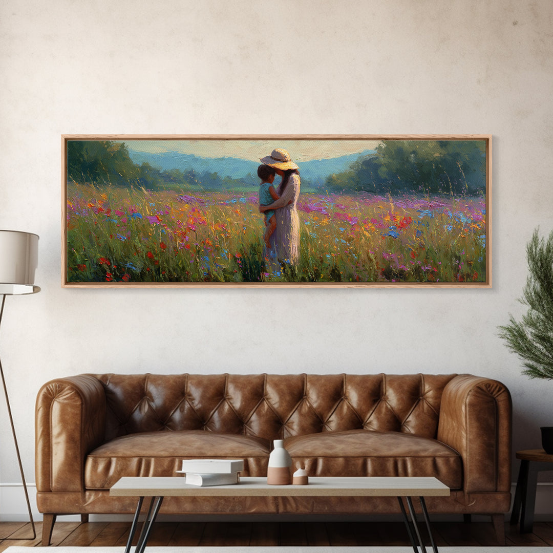 Mother And Child Embracing In Summer Meadow Wall Art, Colorful Canvas Print, Boho Wall Decor, Housewarming Gift, Bedroom Art
