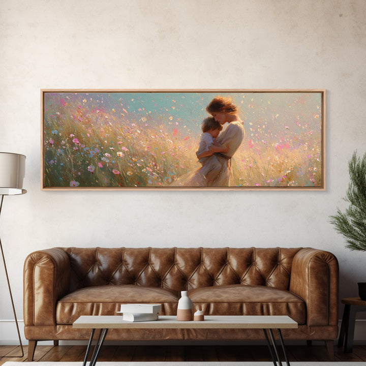 Golden Mother And Child In Pastel Wildflowers Canvas Print, Romantic Wall Art, Feminine Decor, Gift For Her, Above Bed Art