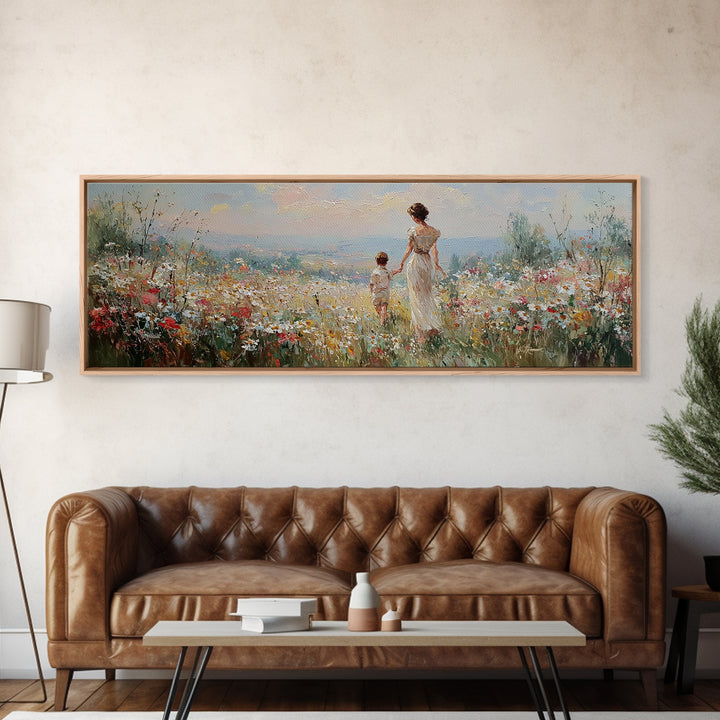 Mother And Child Walking Through Wildflower Meadow Wall Art, Panoramic Canvas Print, Coastal Decor, Nursery Art, Gift For Mom