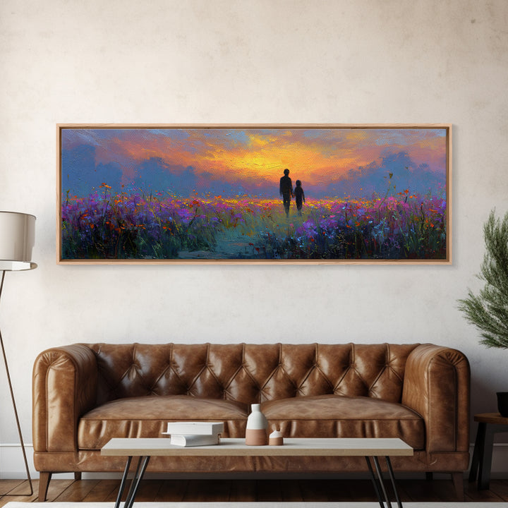 Father And Child Sunset Meadow Wall Art, Wildflower Landscape Canvas Print, Guardian Angel Gift, Nursery And Living Room Decor