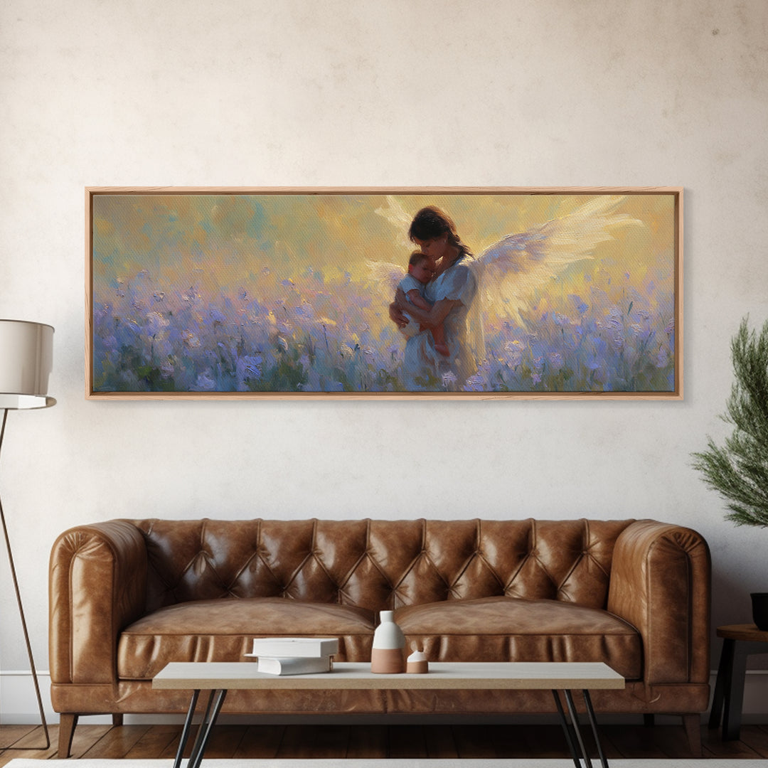 Guardian Angel Mother And Baby In Lavender Field Framed Canvas Print, Christian Wall Art, Nursery Decor, Gift For Mom, Home Decor