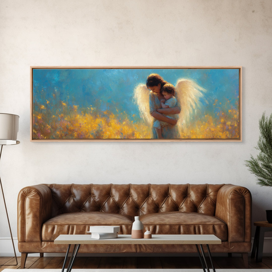 Golden Guardian Angel With Child Canvas Print, Blue Sky Wildflower Wall Art, Christian Nursery Decor, Spiritual Gift For Mom