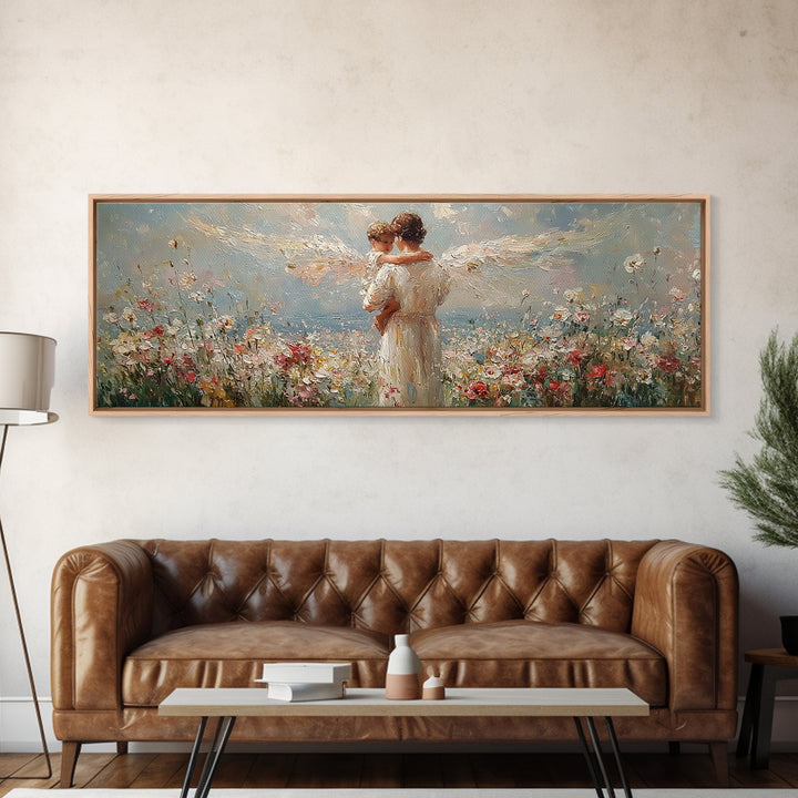 Angel Mother Embracing Child In Flower Garden Wall Art, Textured Oil Painting Framed Canvas Print, Christian Home Decor Gift