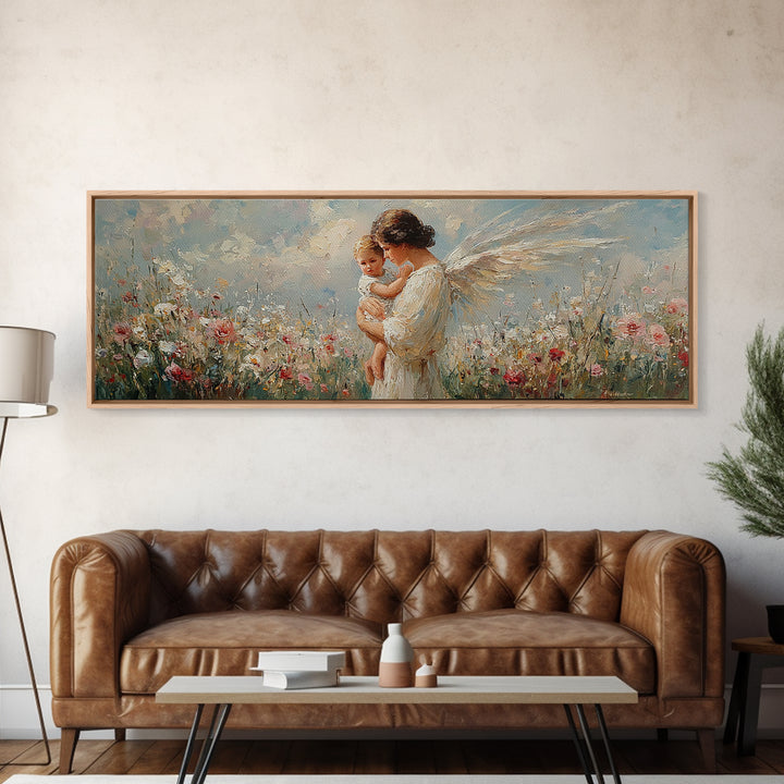 Angel Mother Holding Baby In Floral Meadow Canvas Print, Christian Wall Art, Guardian Angel Nursery Decor, Gift For Mom And Baby Shower Gift