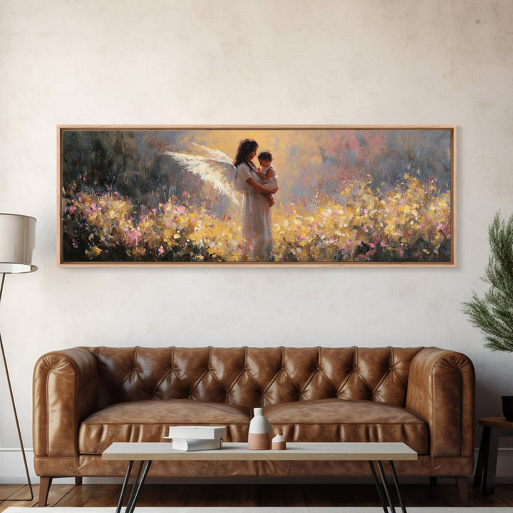 Glowing Angel Mother And Child In Flower Field Wall Art, Impressionist Framed Canvas Print, Christian Nursery Decor Gift