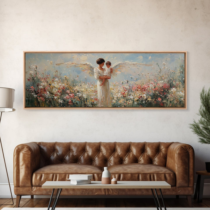 Angel Mother And Child Among White Flowers Framed Canvas Print, Christian Wall Art, Guardian Angel Nursery Decor, Gift For Mom