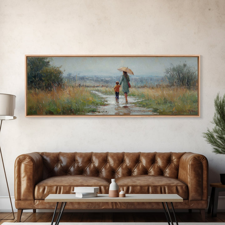 Mother And Child Walking In Rain Wall Art, Umbrella Country Path Landscape Canvas Print, Rustic Farmhouse Home Decor Gift