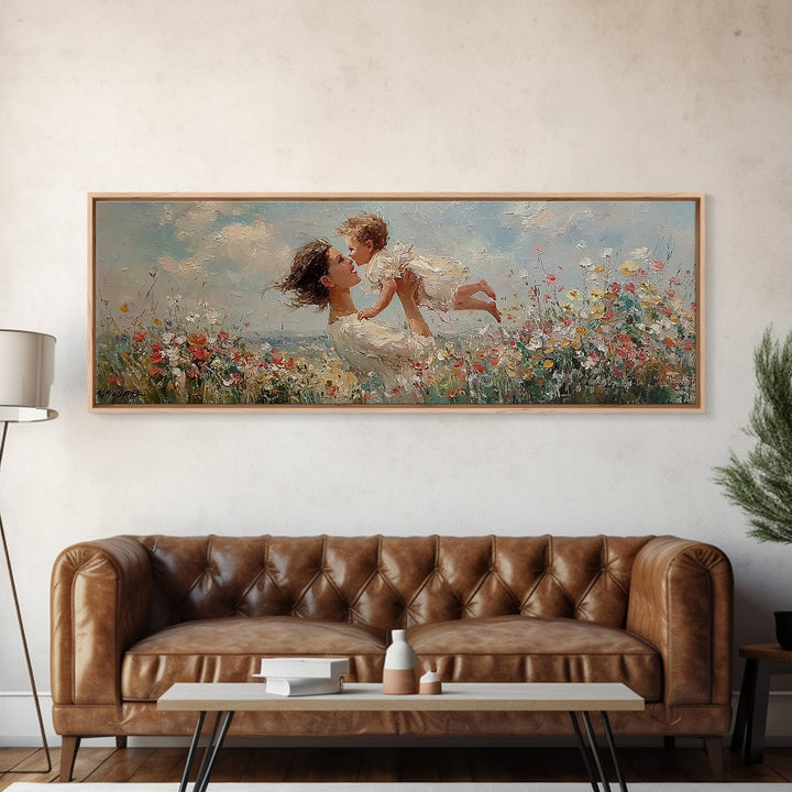 Mother And Baby In Wildflower Meadow Framed Canvas Print, Impressionist Nursery Wall Art, Gift For Mom, Bedroom Wall Decor