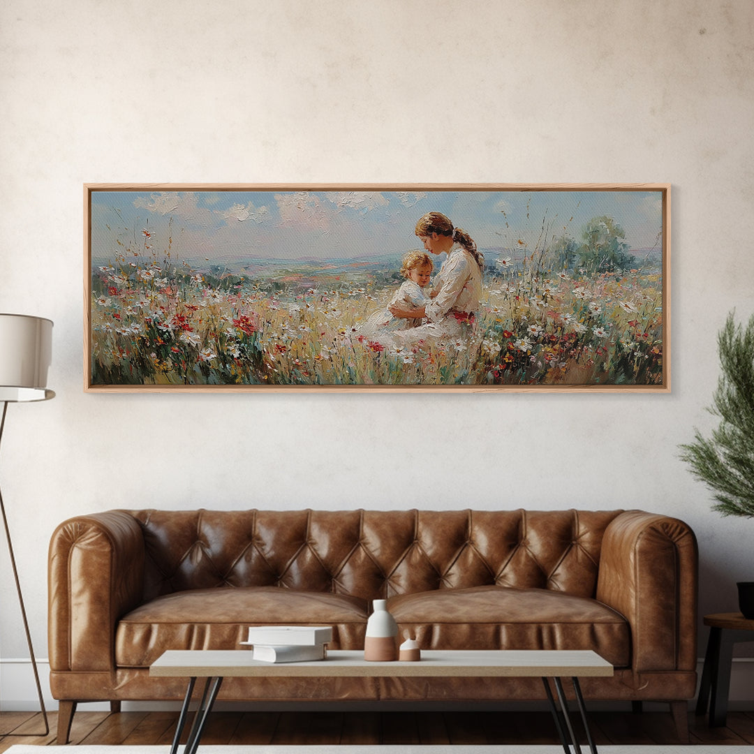 Mother And Toddler In Sunny Wildflower Meadow Framed Canvas Print, Impressionist Wall Art, Nursery Decor, Gift For Mom, Home Decor