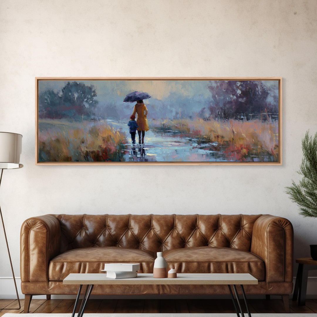 Mother And Child Walking In Rain With Blue Umbrella Framed Canvas Print, Moody Landscape Wall Art, Office Decor, Housewarming Gift