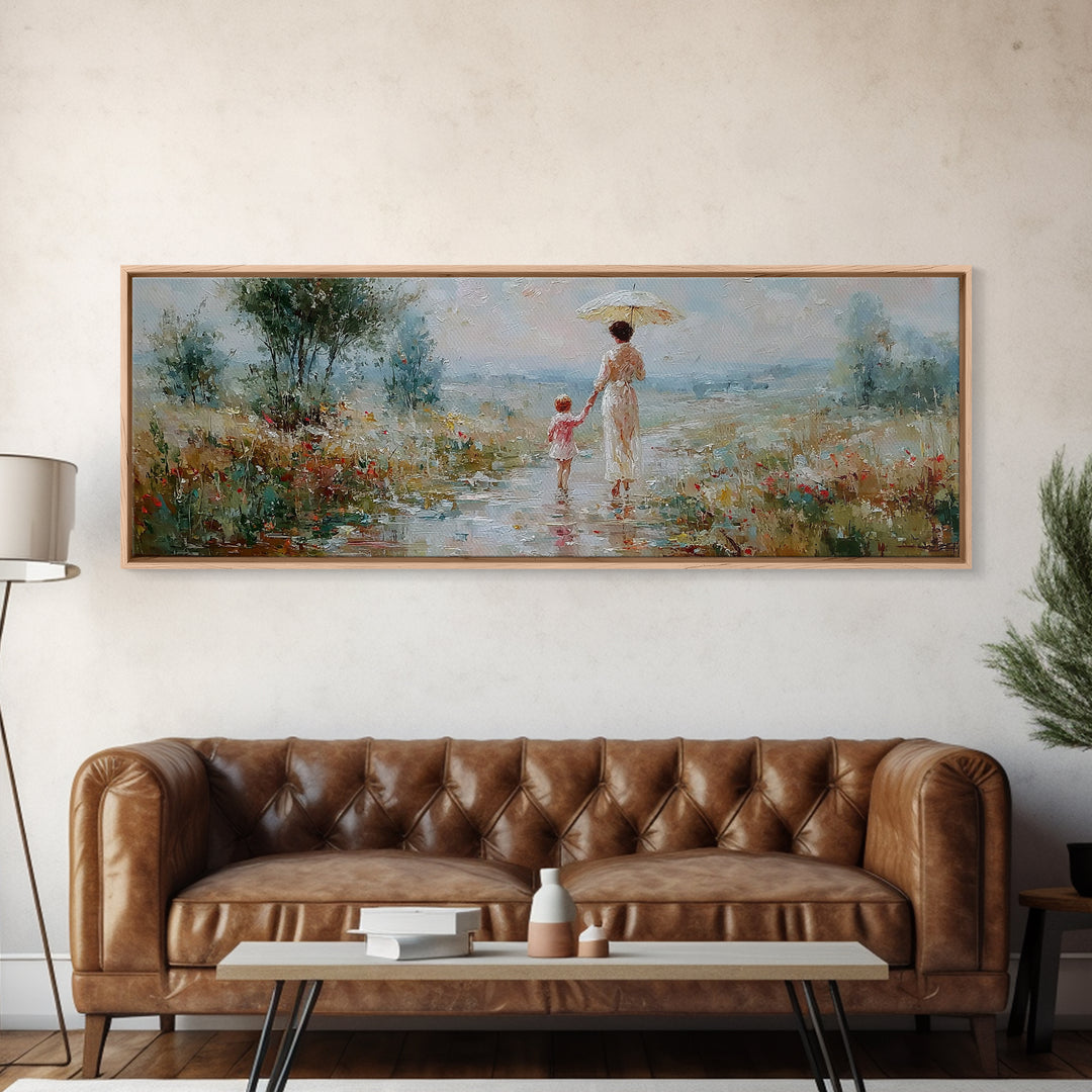 Mother And Child Strolling With Parasol In Misty Meadow Canvas Print, Impressionist Wall Art, Nursery Decor, Housewarming Gift