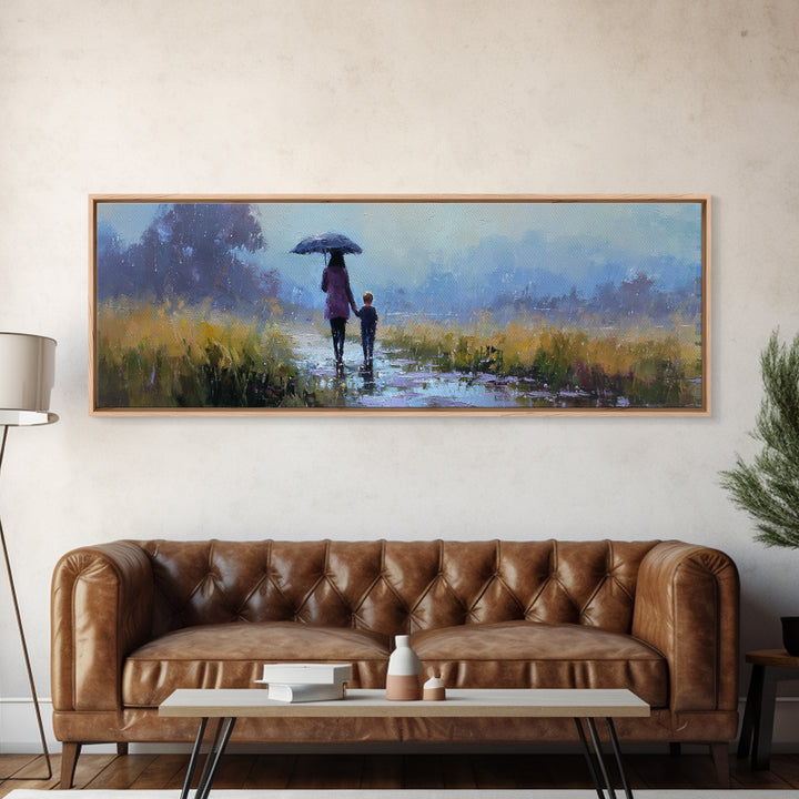 Mother And Son Under Blue Umbrella On Rainy Path Framed Canvas Print, Moody Landscape Wall Art, Bedroom Decor, Gift For Her