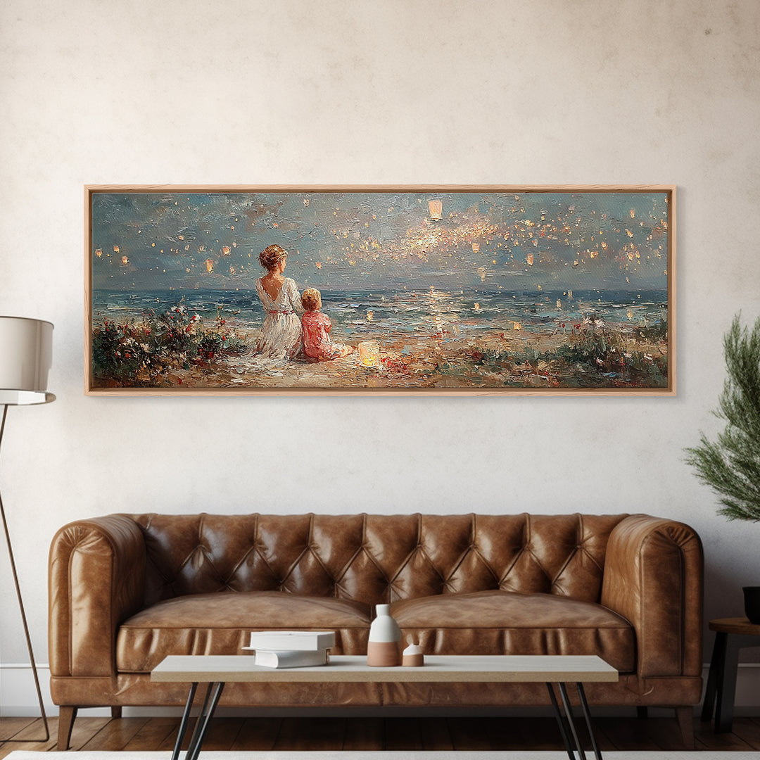 Mother And Child By Ocean Sunset Wall Art, Coastal Seascape Canvas Print, Nursery Decor, Living Room Decor, Gift For Mom, Home Decor