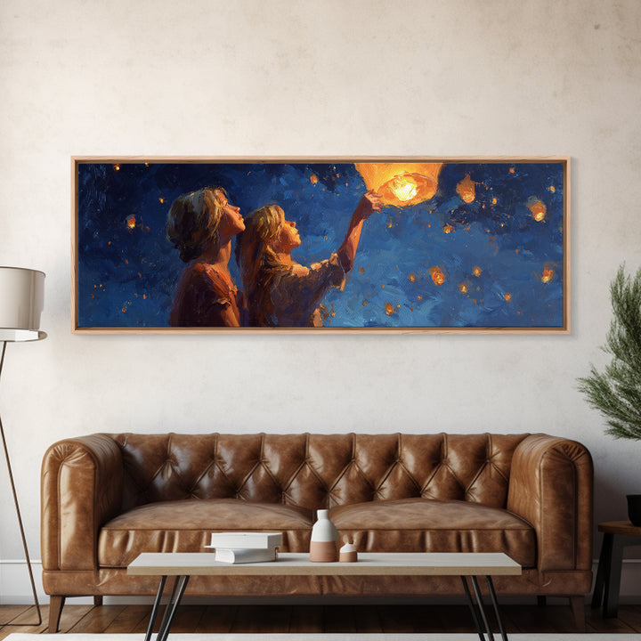 Girls Releasing Lanterns At Starry Night Canvas Print, Celestial Wall Art, Whimsical Decor, Bedroom Decor, Gift For Her, Home Decor