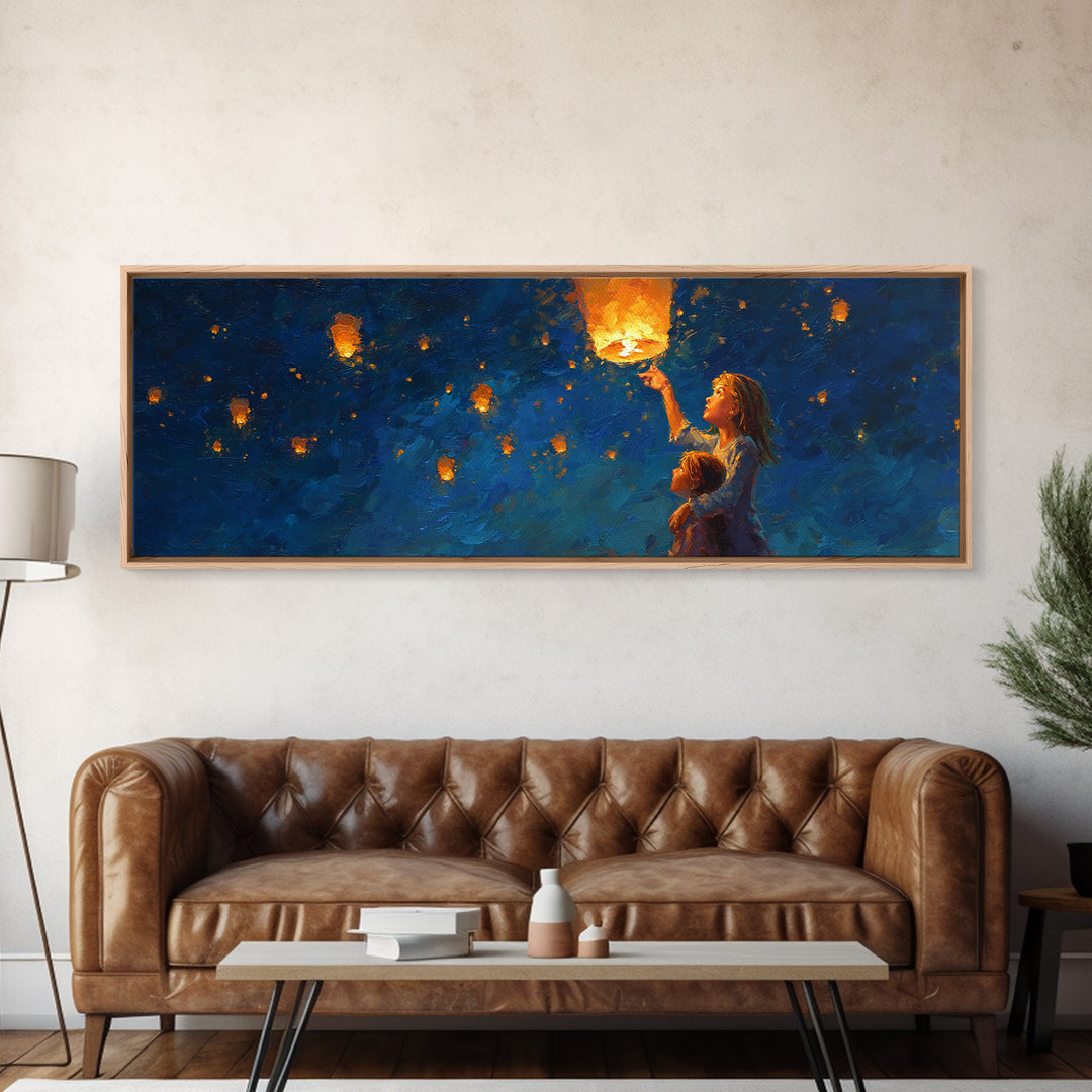 Children Lifting Glowing Sky Lantern Canvas Print, Celestial Wall Art, Kids Room Decor, Whimsical Decor, Nursery Art, Gift For Kids