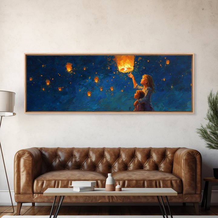 Children Lifting Glowing Sky Lantern Canvas Print, Celestial Wall Art, Kids Room Decor, Whimsical Decor, Nursery Art, Gift For Kids