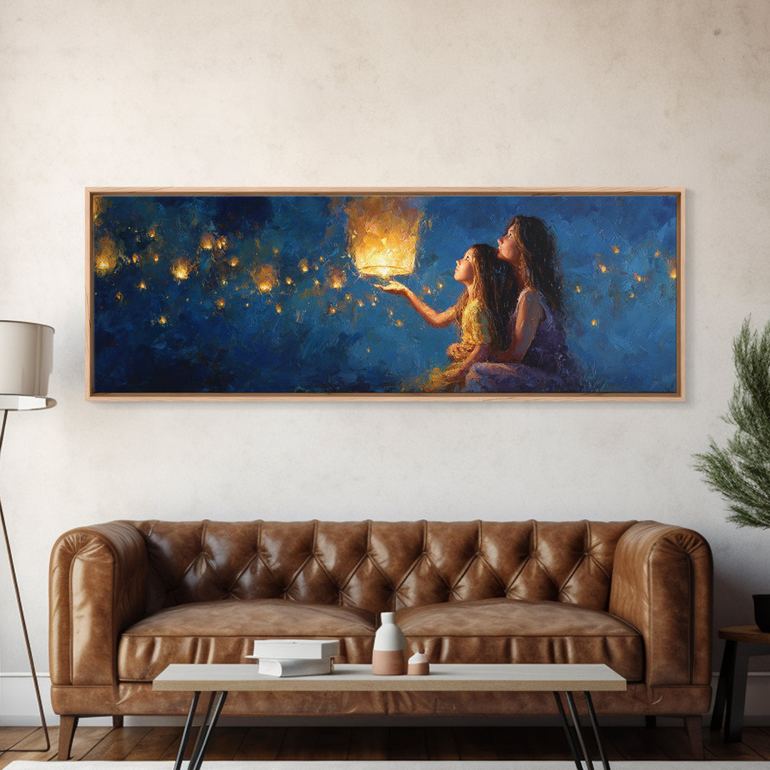 Sisters Holding Lantern Under Blue Night Wall Art, Celestial Canvas Print, Whimsical Decor, Bedroom Wall Art, Gift For Her