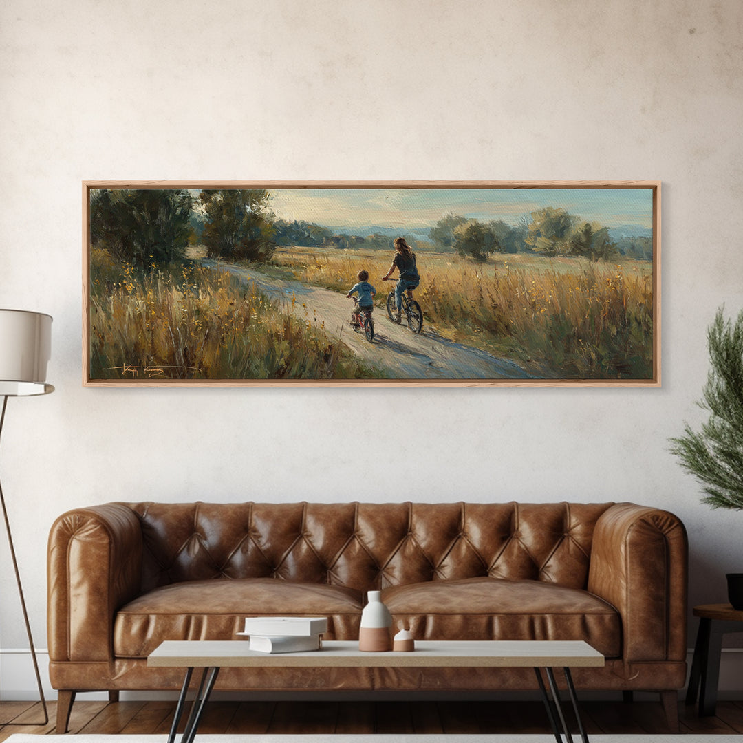 Mother And Child Biking Golden Meadow Canvas Print, Country Landscape Wall Decor, Housewarming Gift, Farmhouse Home Decor