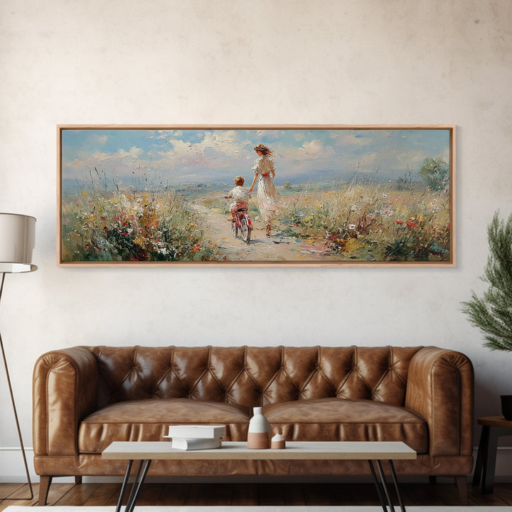 Windy Coastal Bike Ride With Child Canvas Print, Wildflower Meadow Wall Decor, Beach House Decor, Large Horizontal Art Print