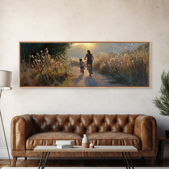 Sunlit Mother And Child Biking Path Framed Canvas Print, Golden Meadow Landscape, Living Room Wall Art, Housewarming Gift