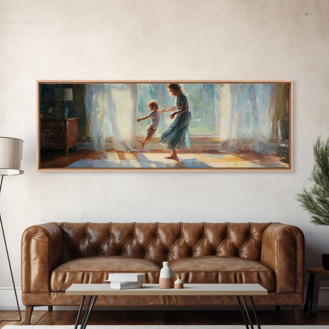 Mother And Child Dancing In Sunlit Room Canvas Print, Warm Window Light, Family Wall Decor, Bedroom Art, Gift For Her, Home Decor
