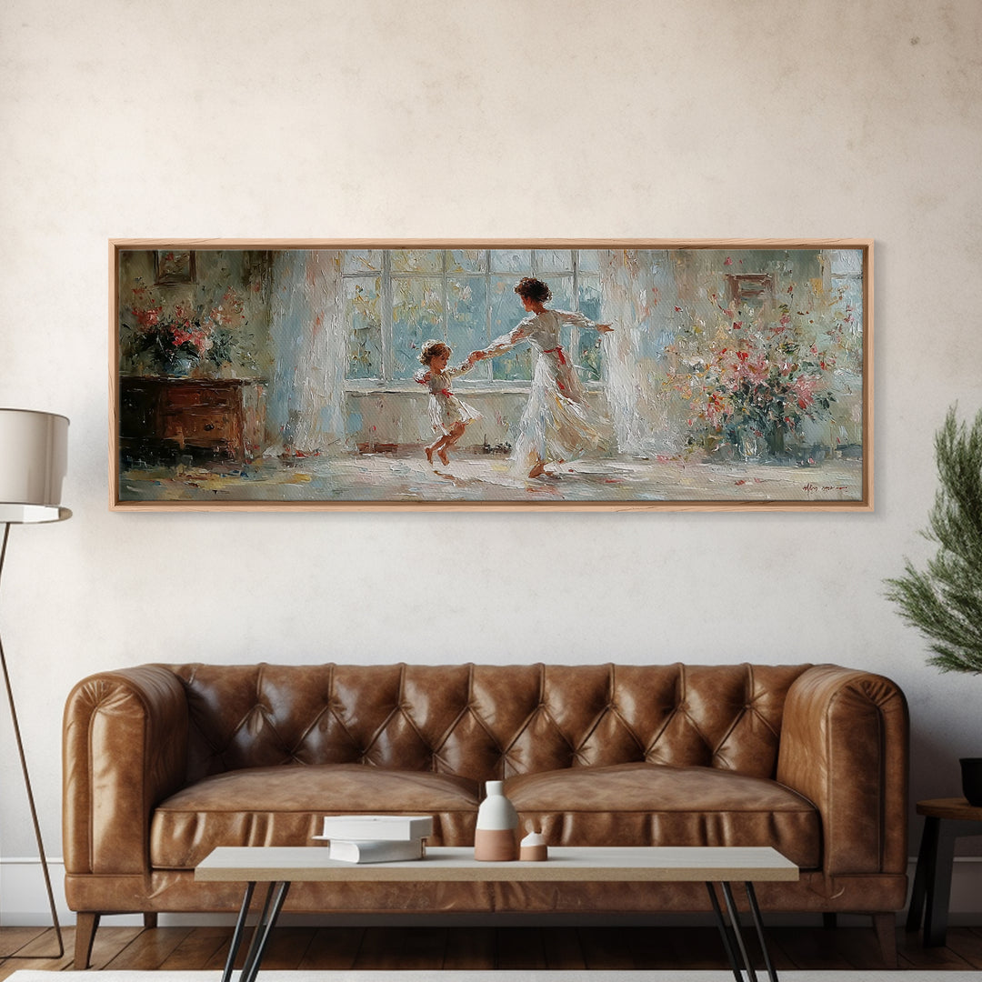 Mother And Daughter Dancing In White Dress Wall Art, Floral Window Interior, Feminine Wall Decor, Fine Art Print, Bedroom Decor