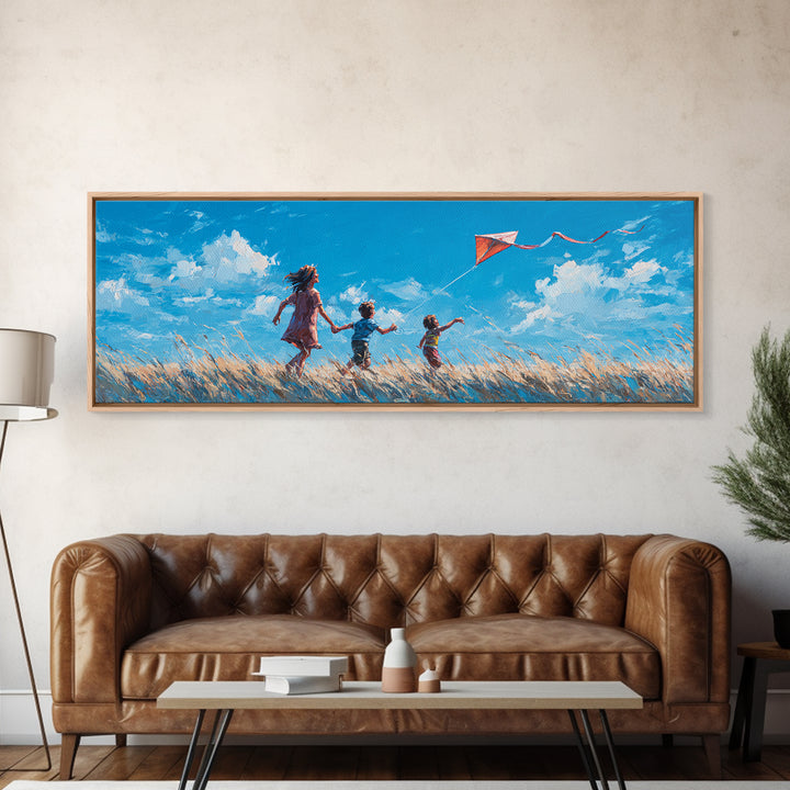 Children Flying Red Kite In Sunny Meadow Wall Art, Whimsical Nursery Decor, Kids Room Art, Summer Landscape Print, Home Decor