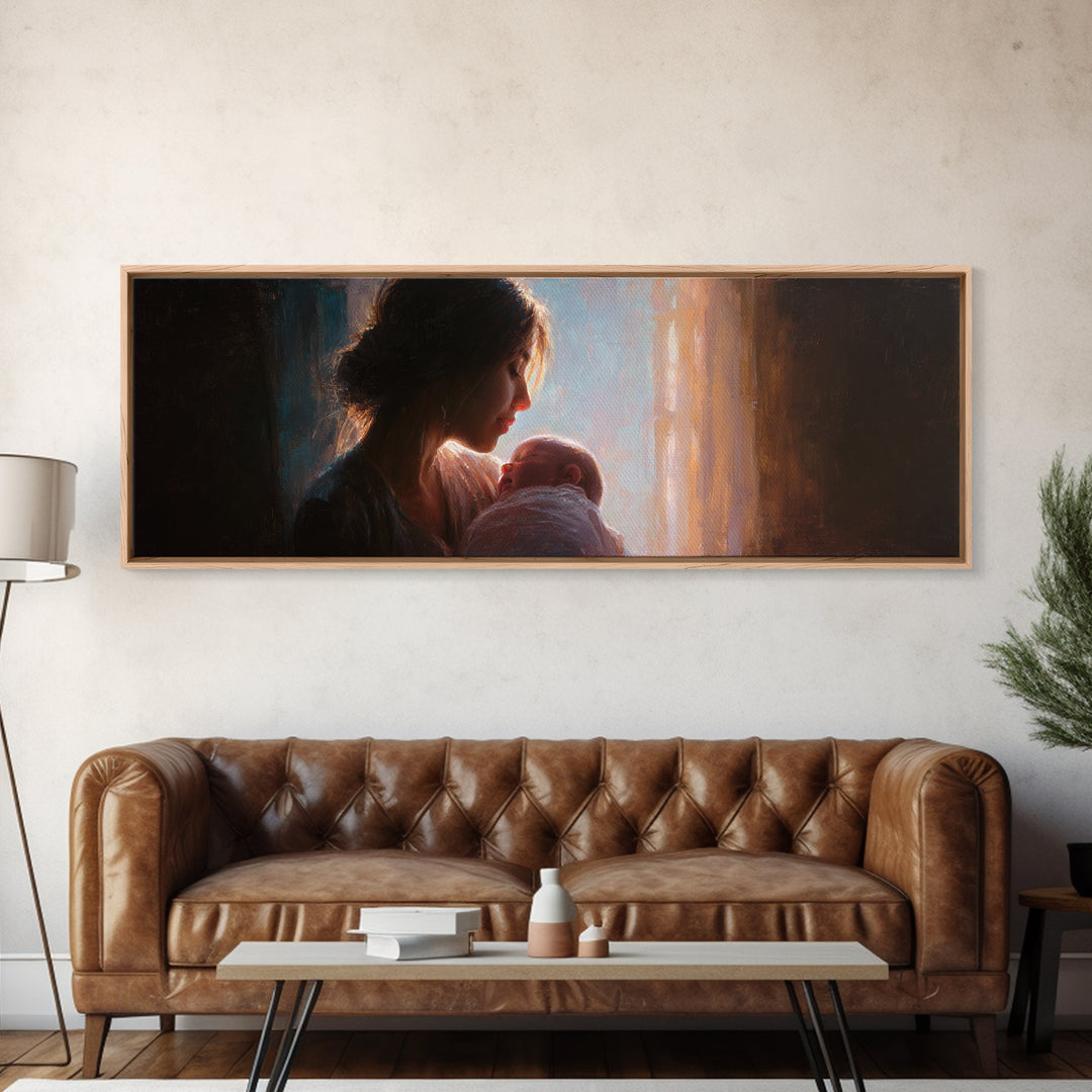 Mother Holding Newborn By Window Wall Art, Tender Motherhood Canvas Print, Baby Nursery Decor, Gift For Mom, Fine Art Print