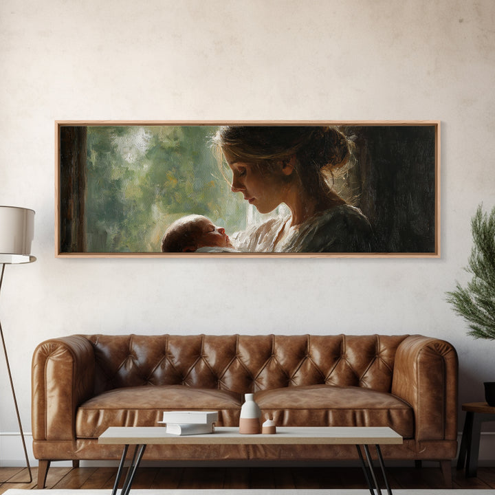 Mother Gazing At Newborn Near Window Framed Canvas Print, Soft Motherhood Wall Art, Baby Nursery Decor, Gift For Mom, Fine Art Print