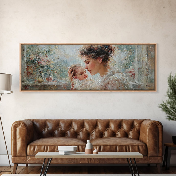 Mother Cuddling Sleeping Baby Near Window Wall Art, Impressionist Motherhood Canvas Print, Floral Nursery Decor, Gift For Mom
