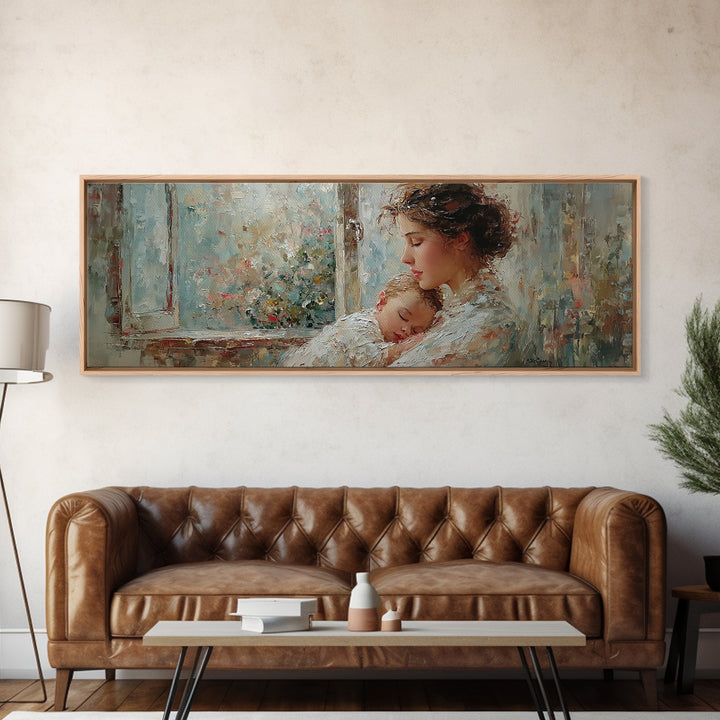 Mother Holding Sleeping Baby By Floral Window Framed Canvas Print, Tender Nursery Wall Art, Motherhood Decor, Gift For Mom