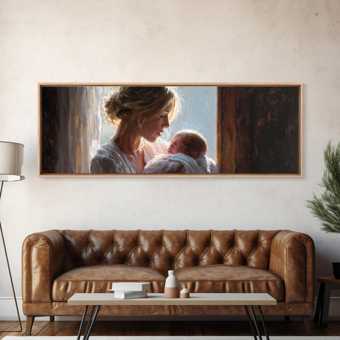 Mother Cradling Newborn In Golden Window Light Wall Art, Tender Motherhood Canvas Print, Baby Nursery Decor, Gift For Mom
