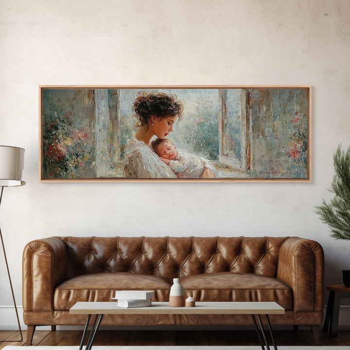 Mother And Sleeping Baby In Floral Window Canvas Print, Soft Motherhood Wall Art, Nursery Decor, Gift For Mom, Fine Art Print