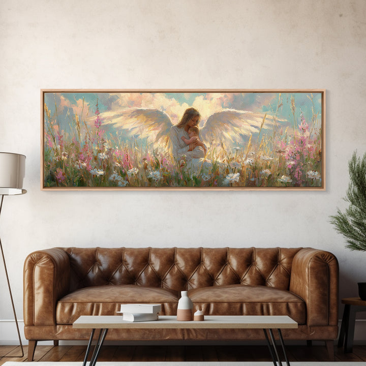 Angel Mother And Child In Wildflower Meadow Wall Art, Christian Nursery Decor, Feminine Spiritual Gift For Her, Living Room Decor