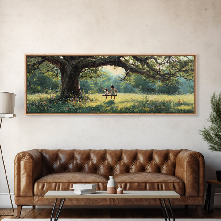 Children On Tree Swing Beneath Ancient Oak Wall Art, Whimsical Nursery Decor, Woodland Kids Room Art, Housewarming Gift Idea